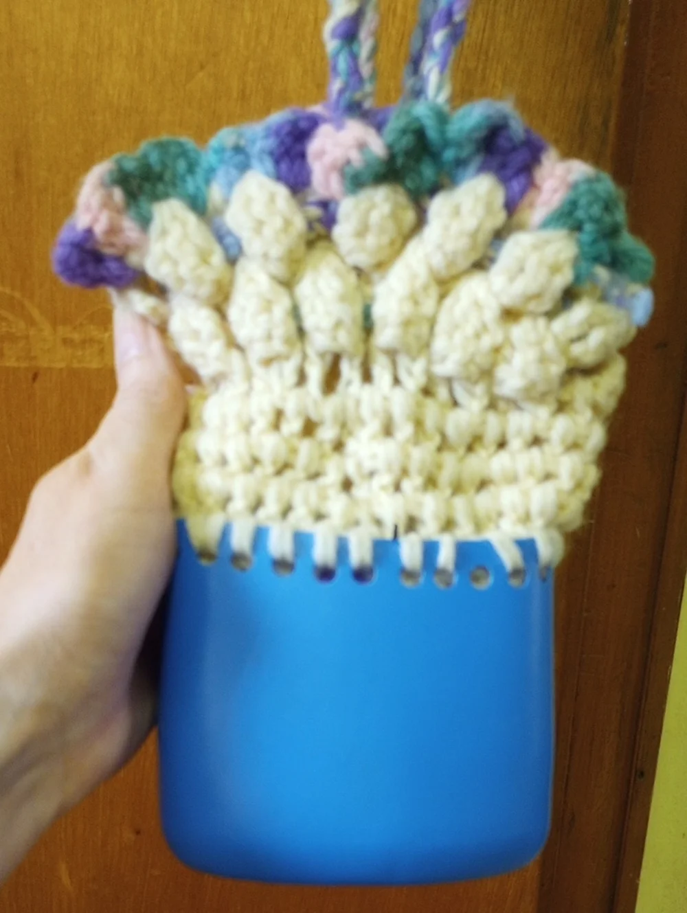 RARE Vintage Retro Knit or Crocheted Purse. Blue Aqua Green Pink Cream Purple